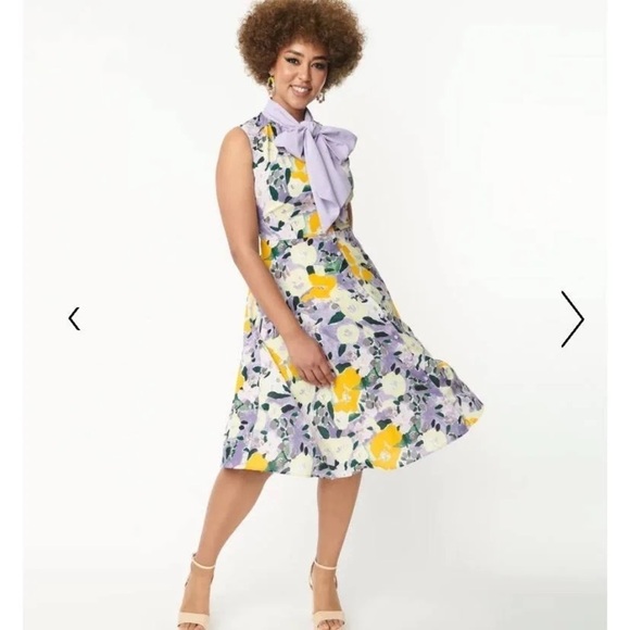 NWT Unique Vintage Purple and Yellow Floral Sleeveless Swing Dress Sz 3X - Picture 2 of 12